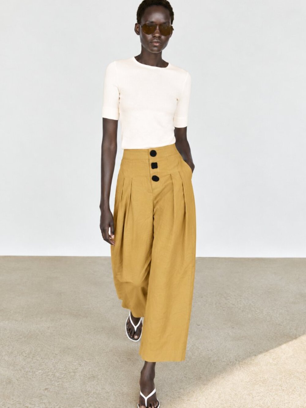 Zara Ochre Linen-Blend Wide-Leg Culottes — Size M